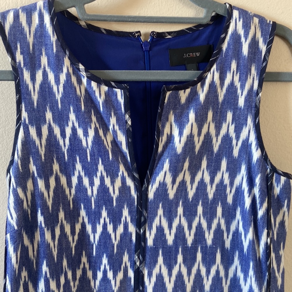 J. Crew Ikat Shift Dress Blue White Sleeveless High Low Hem Mini Size 2 Preppy - Picture 3 of 8